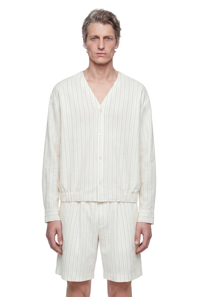  Pinstriped V-neck Shirt In Linen Cotton Poplin 