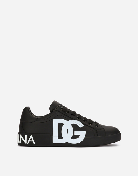  Dolce & Gabbana Dolce & Gabbana Calfskin Nappa Portofino Sneakers With Dg Logo Print - Man Sneakers Black Leather 40 
