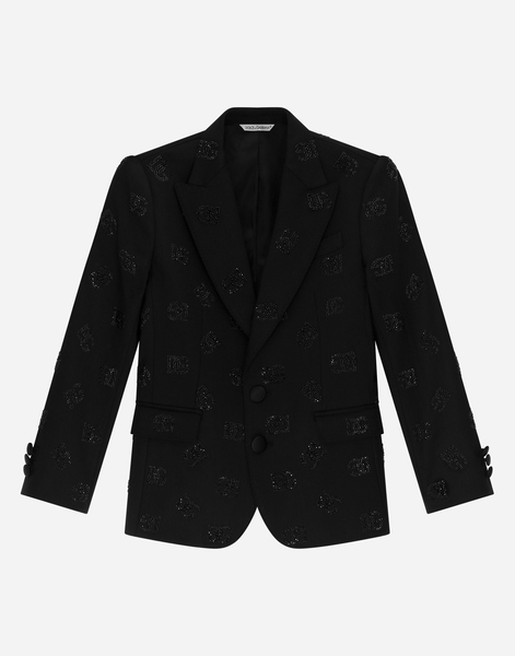  Dolce & Gabbana Dolce & Gabbana Classic Wool Two-button Sicilia-fit Jacket With All-over Fusible-rhinestone Logo - Man Suits Black Cotton 12 Years 
