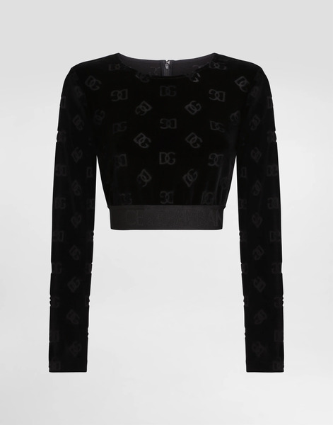  Dolce & Gabbana Dolce & Gabbana Cotton Chenille Crop Top With Jacquard Dg Logo - Woman T-shirts And Sweatshirts Black Cotton 44 