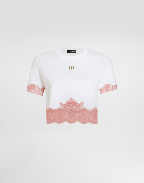  Dolce & Gabbana Dolce & Gabbana Cropped Jersey T-shirt With Dg Logo And Lace Inserts - Woman T-shirts And Sweatshirts White Cotton 38 