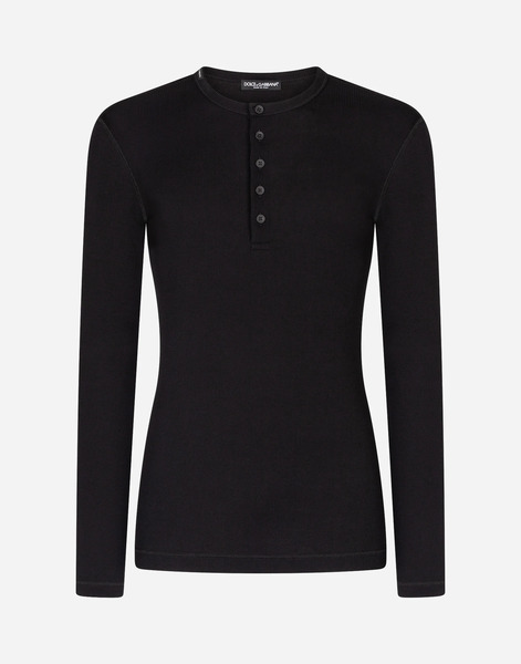  Dolce & Gabbana Dolce & Gabbana Fine-rib Cotton Granddad-neck T-shirt With Long Sleeves - Man T-shirts And Polos Black Cotton 44 