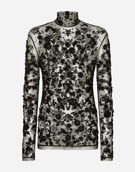  Dolce & Gabbana Dolce & Gabbana High-necked Tulle T-shirt With Sequined Details - Man T-shirts And Polos Black Tulle 46 