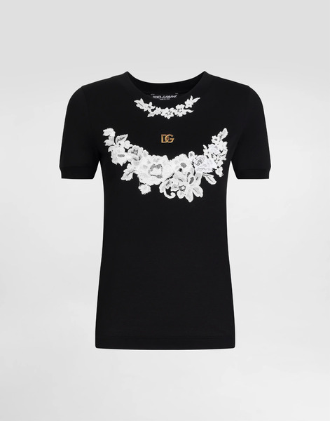  Dolce & Gabbana Dolce & Gabbana Jersey T-shirt With Dg Logo And Lace Details - Woman T-shirts And Sweatshirts Black 36 