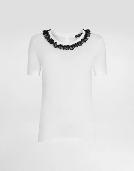  Dolce & Gabbana Dolce & Gabbana Jersey T-shirt With Lace And Dg Embroidery - Woman T-shirts And Sweatshirts White 40 