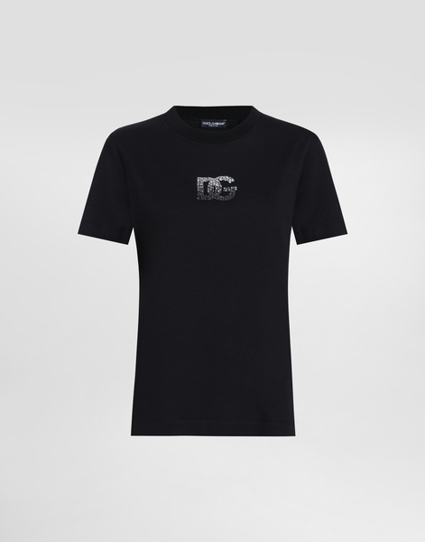  Dolce & Gabbana Dolce & Gabbana Jersey T-shirt With Rhinestone Dg Logo Embellishment - Woman T-shirts And Sweatshirts Black 46 