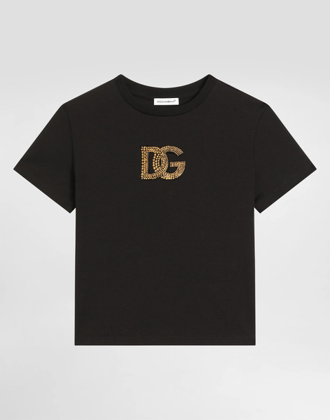  Dolce & Gabbana Dolce & Gabbana Jersey T-shirt With Rhinestones And Dg Logo - Woman T-shirts And Sweatshirts Black 4 Years 