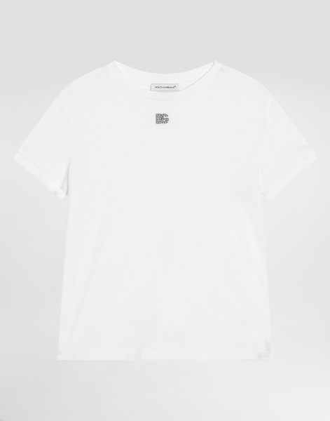  Dolce & Gabbana Dolce & Gabbana Jersey T-shirt With Rhinestones Dg Logo - Woman T-shirts And Sweatshirts White 3 Years 