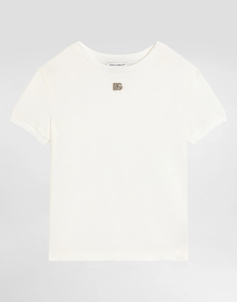  Dolce & Gabbana Dolce & Gabbana Jersey T-shirt With Rhinestones Dg Logo - Woman T-shirts And Sweatshirts White 6 Years 