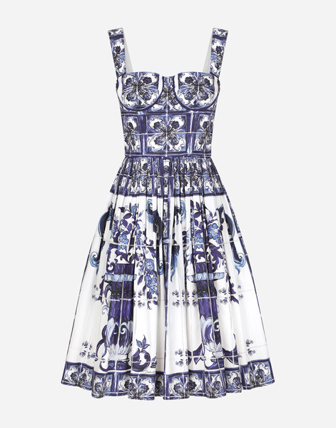  Dolce & Gabbana Dolce & Gabbana Midi Corset Dress In Cotton Poplin With Majolica Print - Woman Dresses Blue Cotton 48 