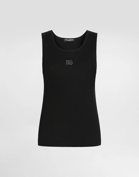  Dolce & Gabbana Dolce & Gabbana Ribbed Tank Top With Dg Embroidery And Rhinestones - Woman T-shirts And Sweatshirts Black 54 