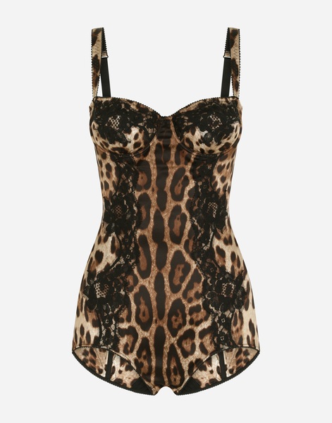  Dolce & Gabbana Dolce & Gabbana Silk Balconette Lingerie Bodysuit With Leopard-print Lace Details - Woman Underwear Animal Print Cotton 1b 