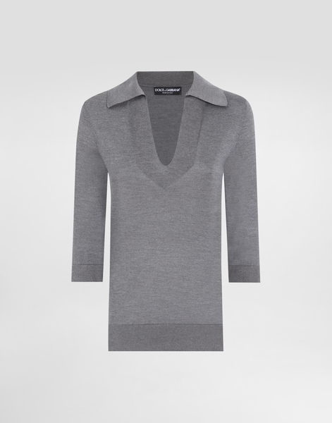  Dolce & Gabbana Dolce & Gabbana Silk V-neck Polo-shirt With Dg Logo Embroidery - Woman Sweaters And Cardigans Grey 40 