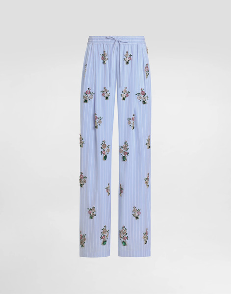  Dolce & Gabbana Dolce & Gabbana Striped Poplin Trousers With Crystal Flower Embroidery - Woman Pants And Shorts Multi-colored 46 