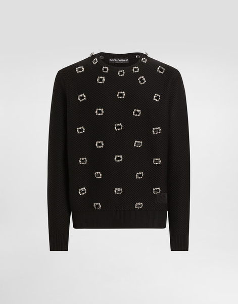  Dolce & Gabbana Dolce & Gabbana Wool Round-neck Sweater With Embroidery And Bejeweled Buttons - Man Sweaters And Cardigans Black 44 