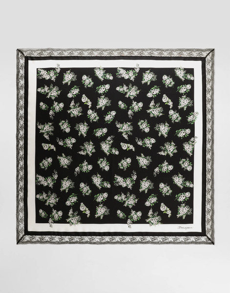 Dolce & Gabbana Dolce & Gabbana 90x90 Small Flower Bouquet-print Silk Twill Scarf With Lace Insert - Woman Scarves And Silks Multicolor Onesize 