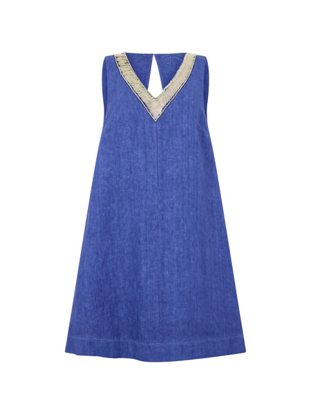  120% Lino A-line Embellished Dress - Blue 