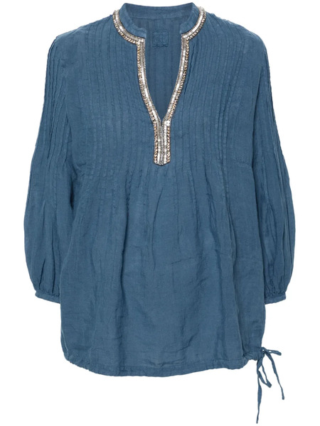  120% Lino Split-neck Linen Blouse - Blue 