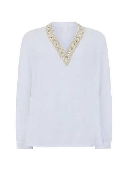  120% Lino V-neck Embellished Blouse - White 