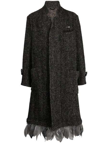  4sdesigns Feather-trim Bouclé Single-breasted Coat - Grey 