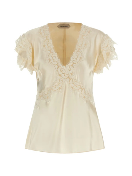  Alberta Ferretti Lace Ruffled Blouse - Neutrals 