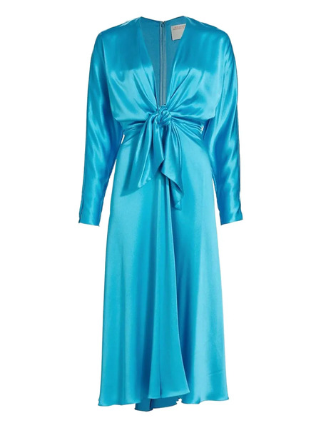  Alejandra Alonso Rojas Tie-front Long-sleeve Midi Dress - Blue 