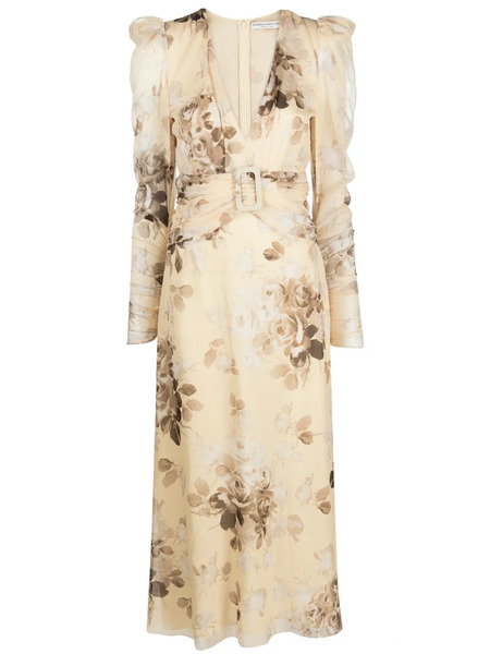  Alessandra Rich Floral-print Belted Silk Dress - Neutrals 
