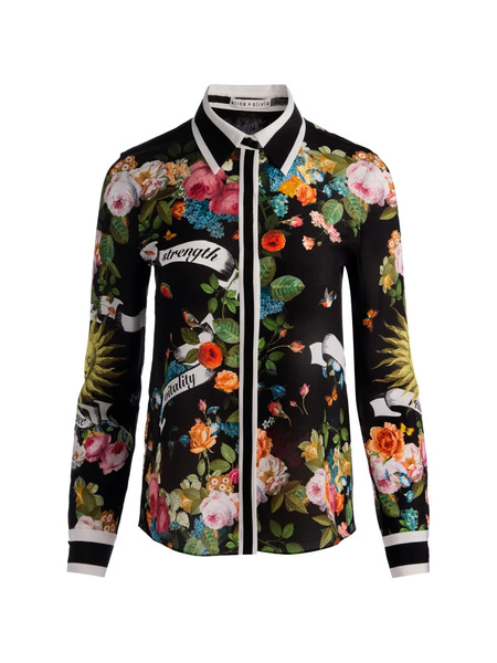  Alice + Olivia Floral Collared Silk Shirt - Black 