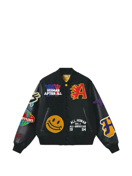  All Human Graphic-patched Leather-sleeve Jacket - Black 