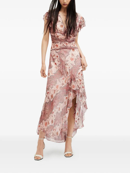 Allsaints Brea Ruffled Paisley Midi Dress - Pink 