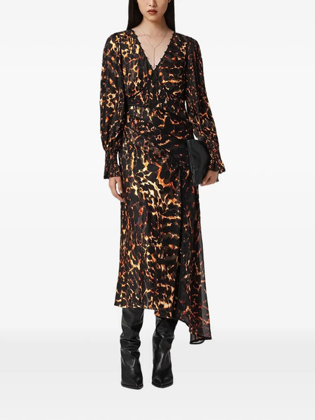  Allsaints Leopard-print V-neck Mid Dress - Black 