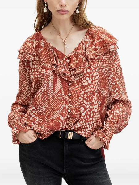  Allsaints Phoebe Ruffle-detail Snake-print Top - Red 