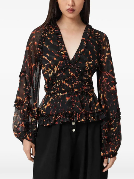  Allsaints Ruffled Animal-print Blouse - Black 