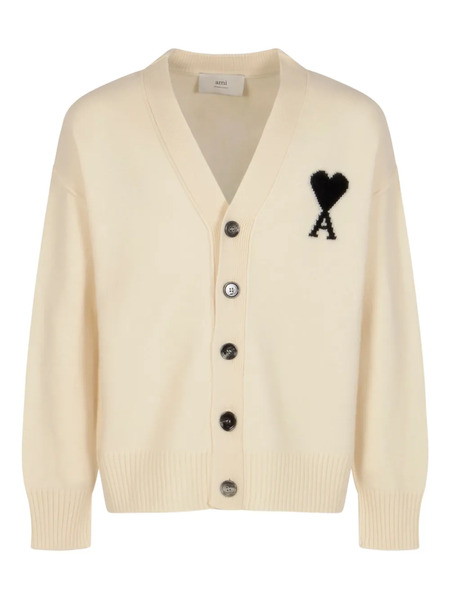  Ami Paris Ami De Coeur Monogram Wool Cardigan - Neutrals 