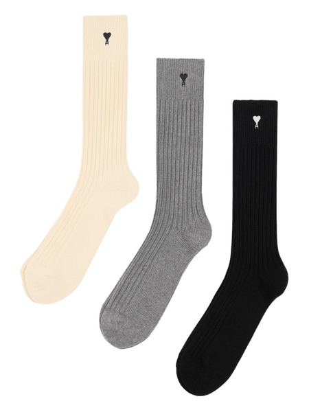  Ami Paris Ami De Coeur Ribbed Socks (set Of Three) - Neutrals 