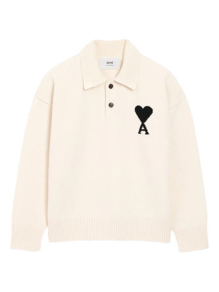  Ami Paris Ami De Coeur Wool Polo Shirt - Neutrals 