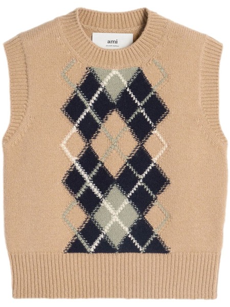  Ami Paris Check-pattern Wool-blend Vest - Neutrals 