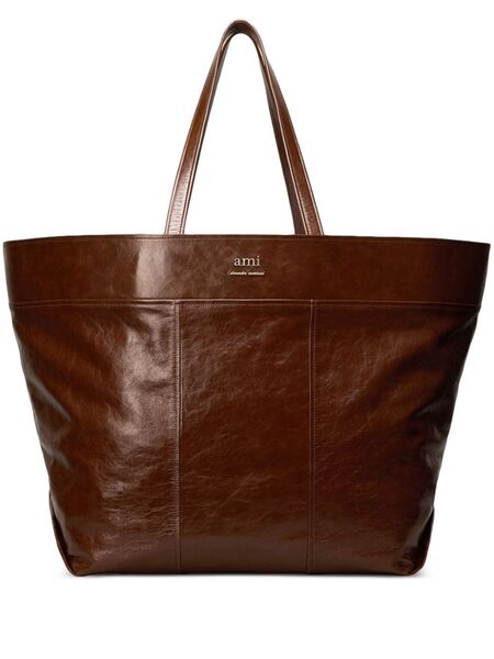  Ami Paris East West Maxi Leather Tote Bag - Brown 