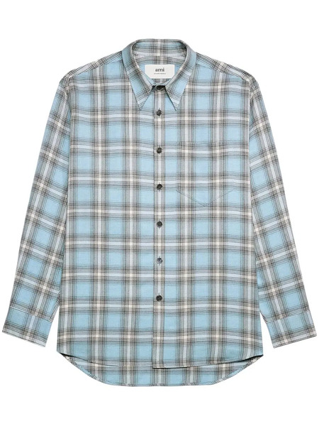  Ami Paris Long-sleeved Checkered Knitted Shirt - Blue 