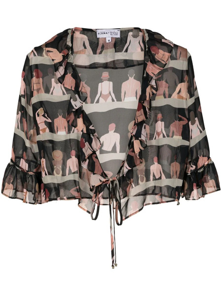  Amir Slama Graphic-print Cropped Silk Blouse - Black 
