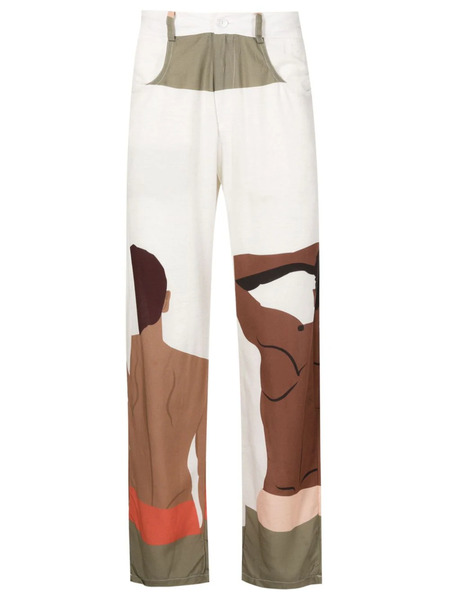  Amir Slama Graphic-print Linen-blend Trousers - Neutrals 