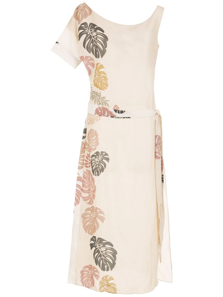  Amir Slama Palm Leaf Print Asymmetric Dress - Neutrals 