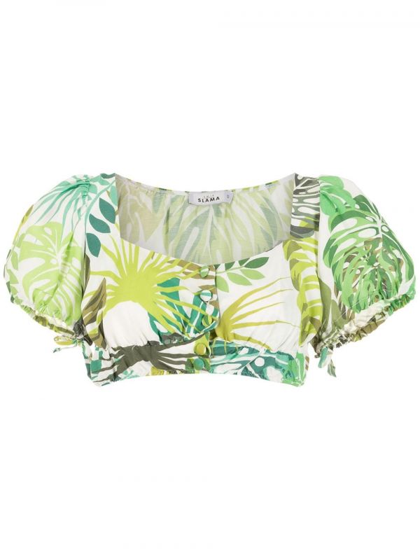  Amir Slama Palm Leaf Print Cropped Top - Green 