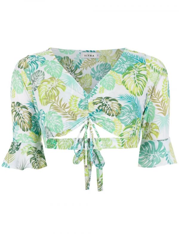 Amir Slama Palm Leaf Print Cropped Top - Green 