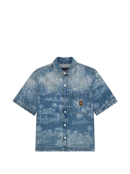  Amiri Palms-print Denim Shirt - Blue 