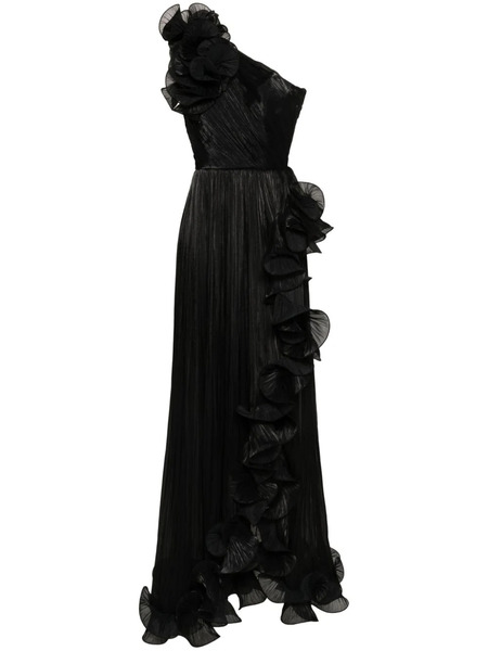  Ana Radu Ruffled Plissé Asymmetric Maxi Dress - Black 