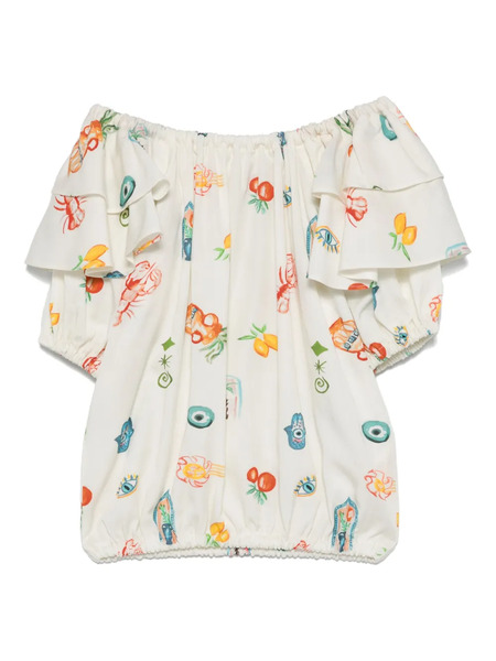  Andorine Mediterranean-print Ruffle Blouse - Neutrals 