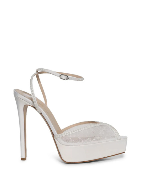  Andrea Wazen Katy Lace Beaded Platform Sandals - White 