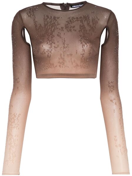  AndreĀdamo Rhinestone-embellished Ombré Crop Top - Brown 