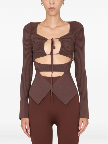  AndreĀdamo Tie-front Ribbed Top - Brown 